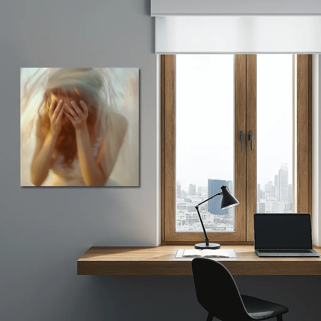 Distressed Bride Covering Face Soft Background – Wall Art
