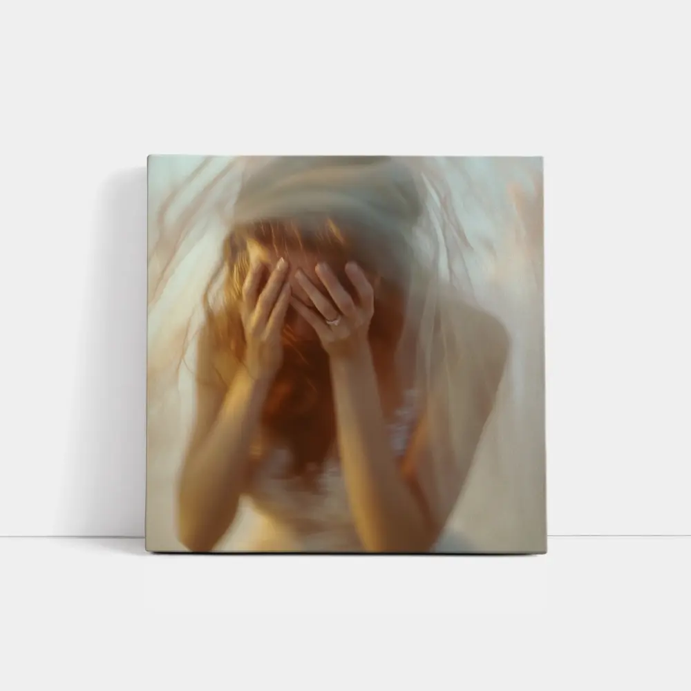 Distressed Bride Covering Face Soft Background – Wall Art