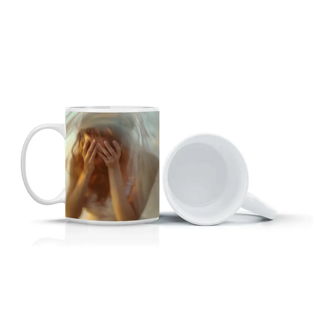 Distressed Bride Covering Face Soft Background – Mugs