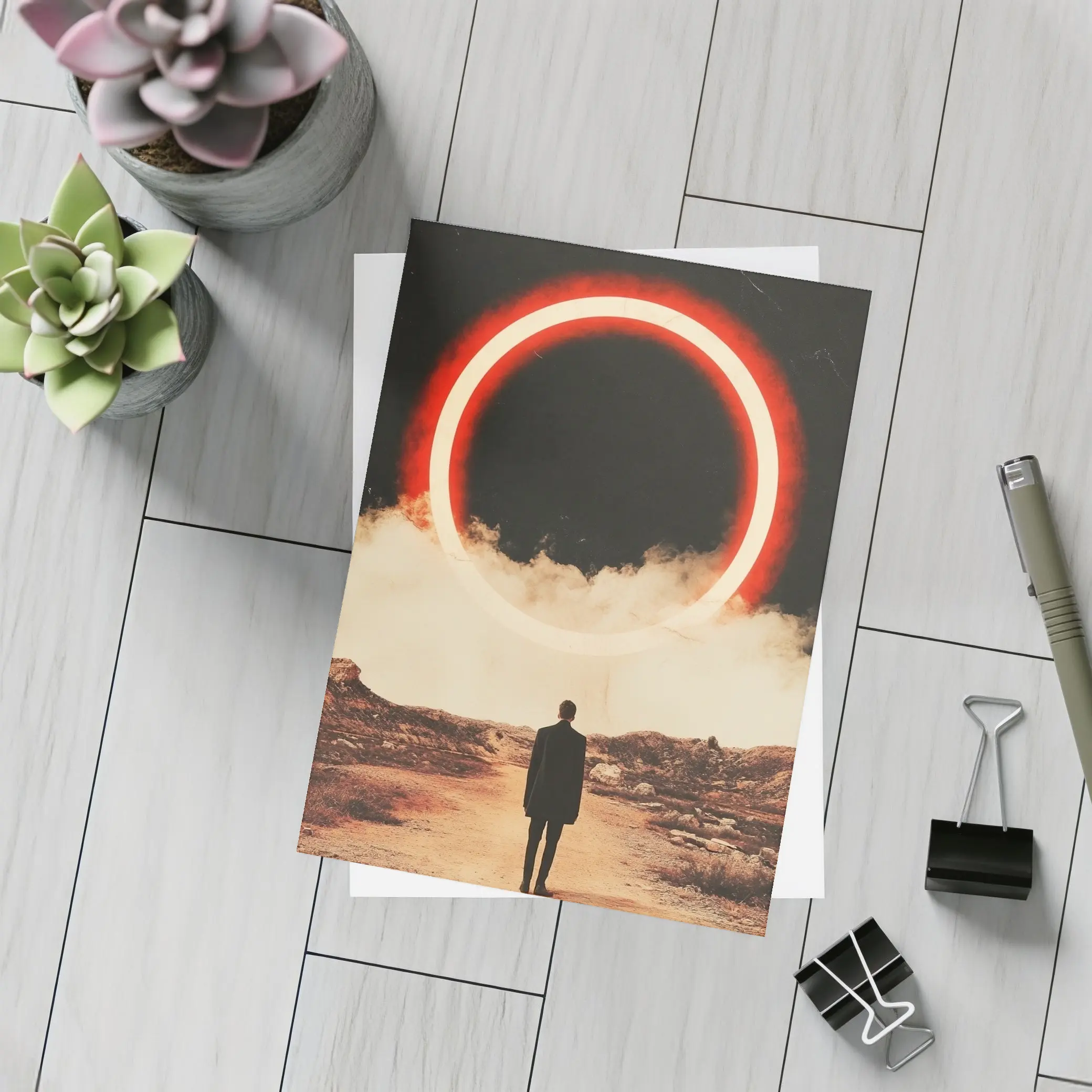 Lone Man Red Glowing Circle Desert – Postcards