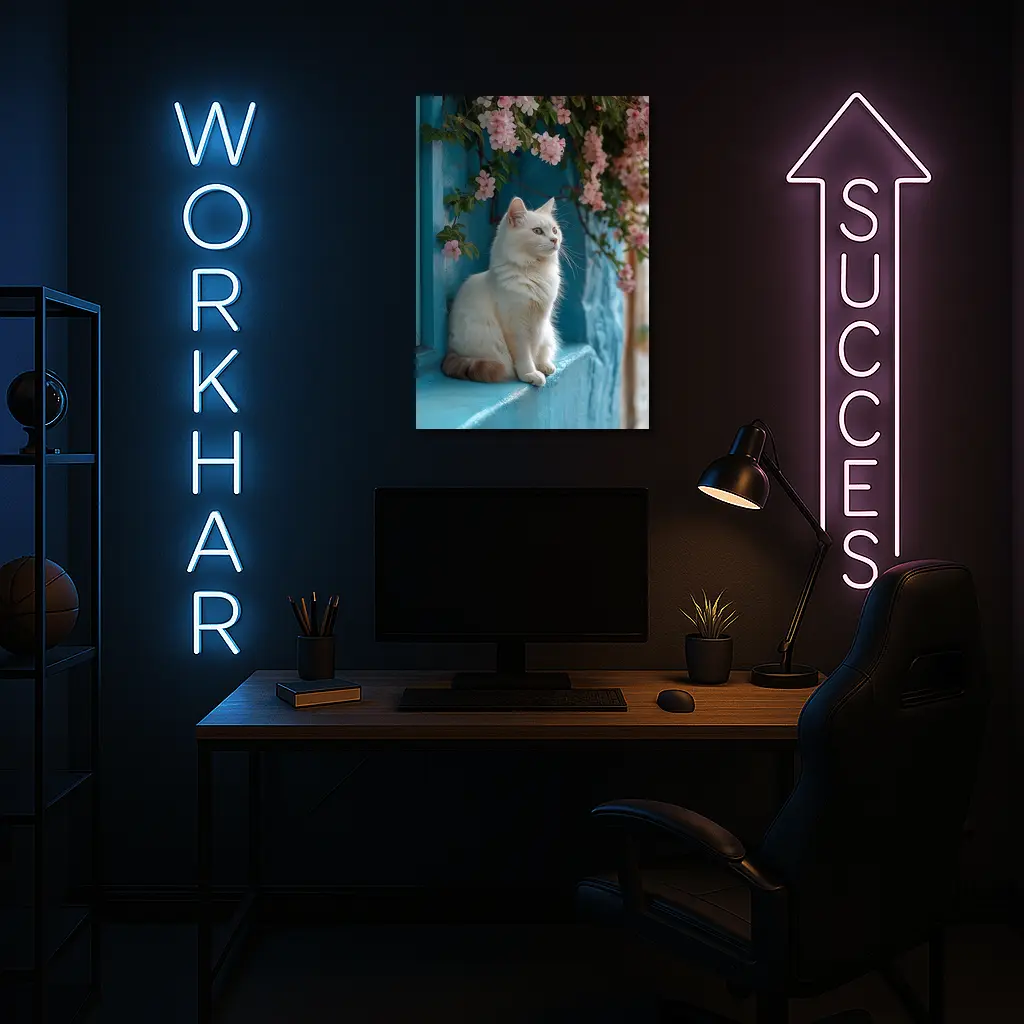 White Cat Sitting Blue Wall Pink Flowers – Wall Art