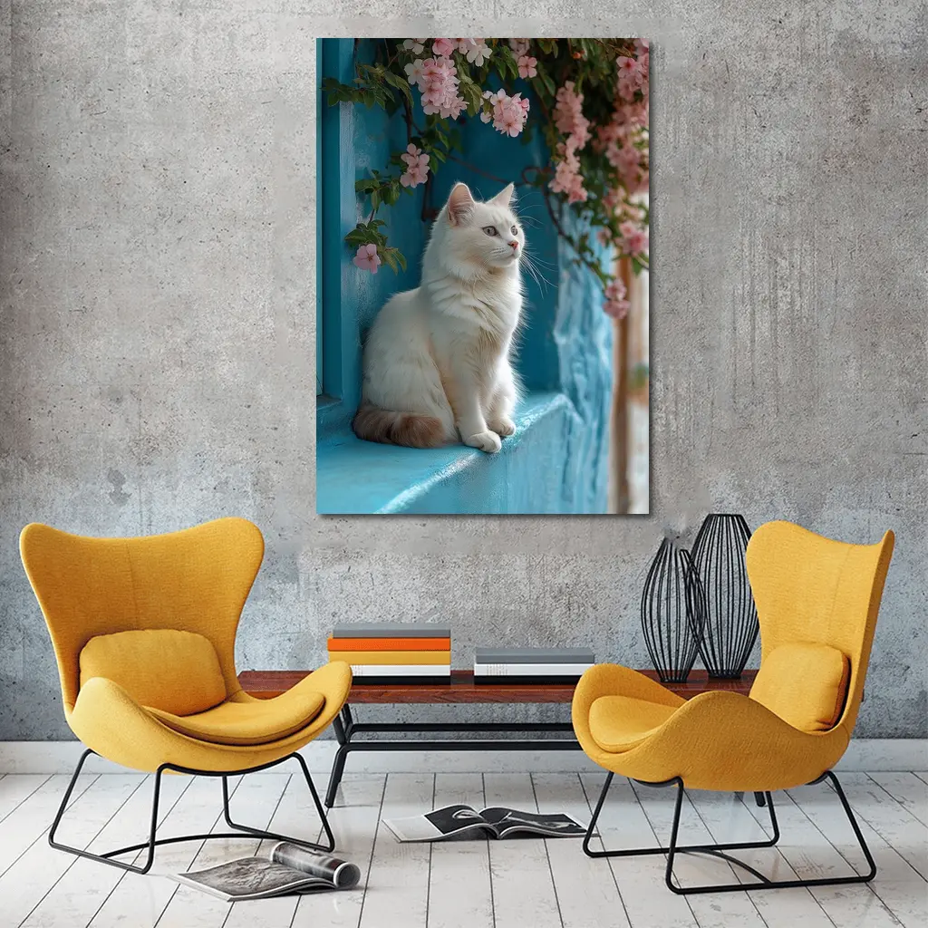 White Cat Sitting Blue Wall Pink Flowers – Wall Art