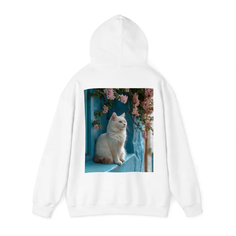 White Cat Sitting Blue Wall Pink Flowers – Hoodies