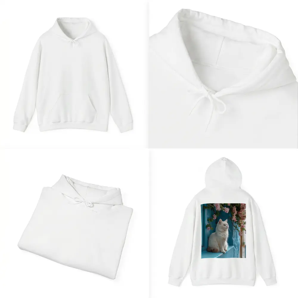 White Cat Sitting Blue Wall Pink Flowers – Hoodies