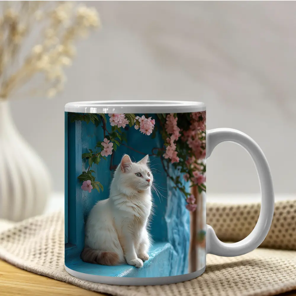 White Cat Sitting Blue Wall Pink Flowers – Mugs