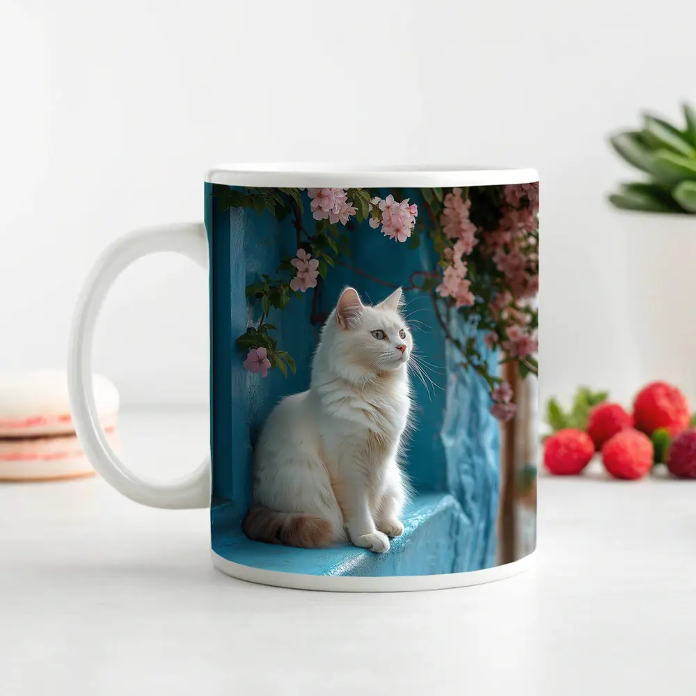 White Cat Sitting Blue Wall Pink Flowers – Mugs