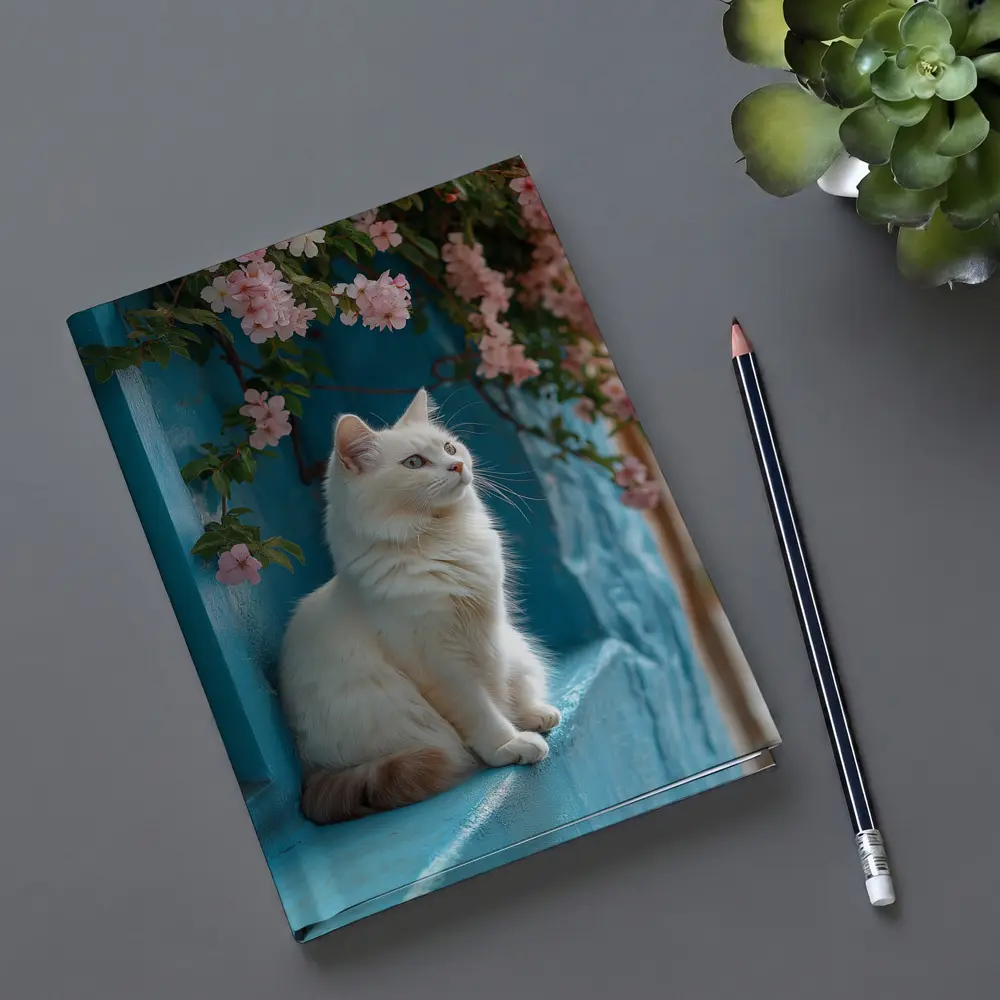 White Cat Sitting Blue Wall Pink Flowers – Notebooks