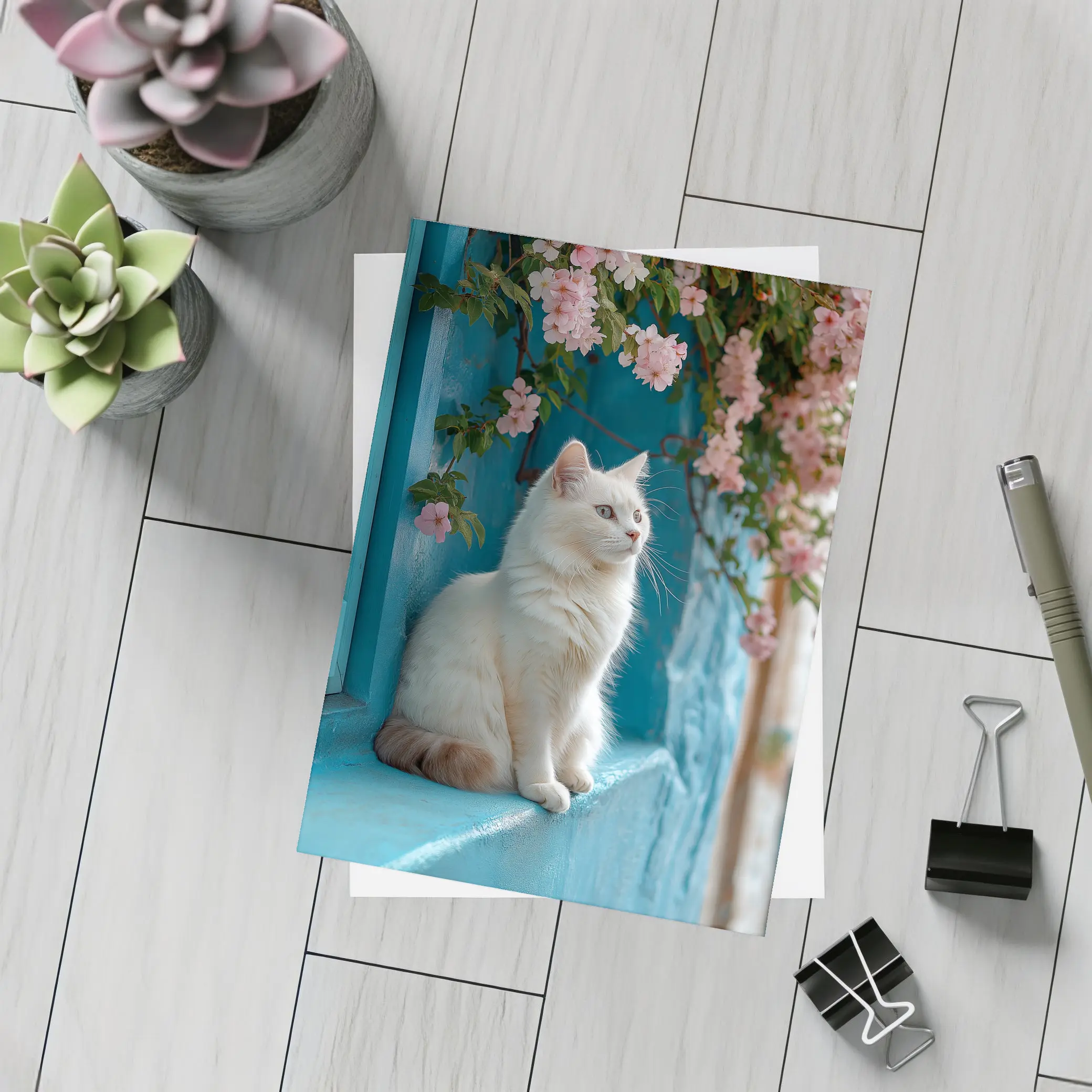 White Cat Sitting Blue Wall Pink Flowers – Postcards