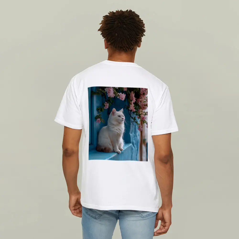 White Cat Sitting Blue Wall Pink Flowers – T-Shirts