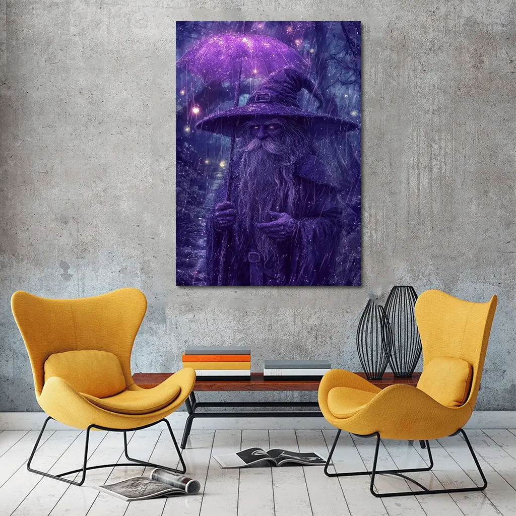 Purple Wizard Rain Fantasy Forest Art – Wall Art