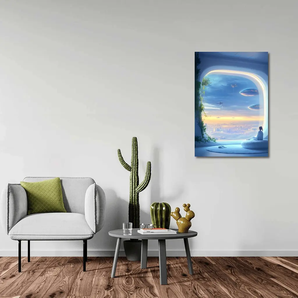 Futuristic City Girl Window Flying Spaceships – Wall Art