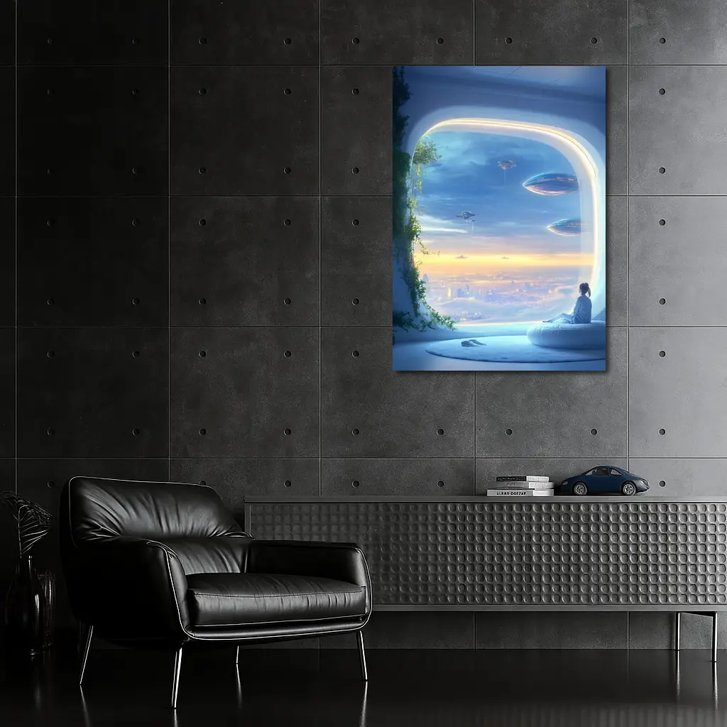 Futuristic City Girl Window Flying Spaceships – Wall Art