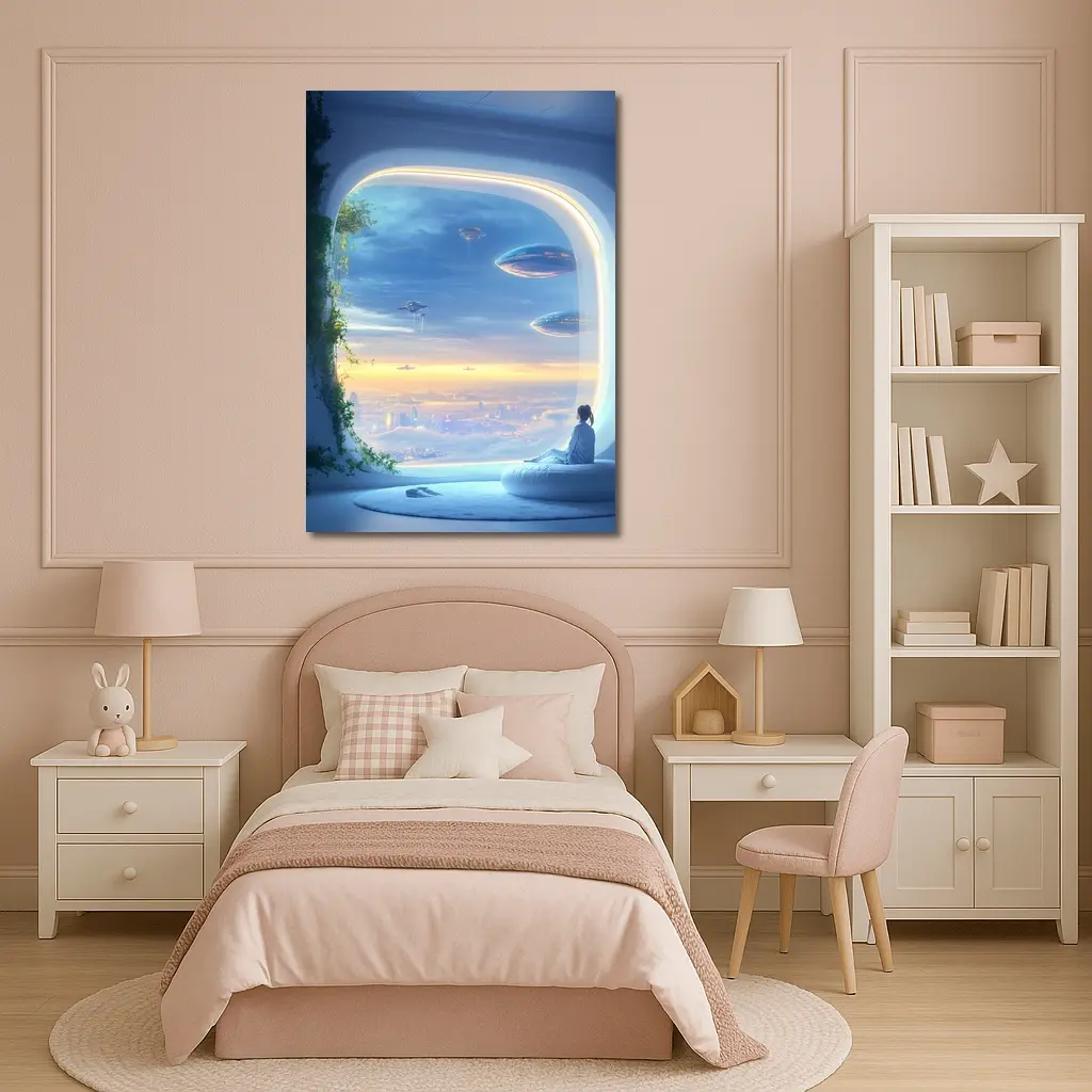 Futuristic City Girl Window Flying Spaceships – Wall Art