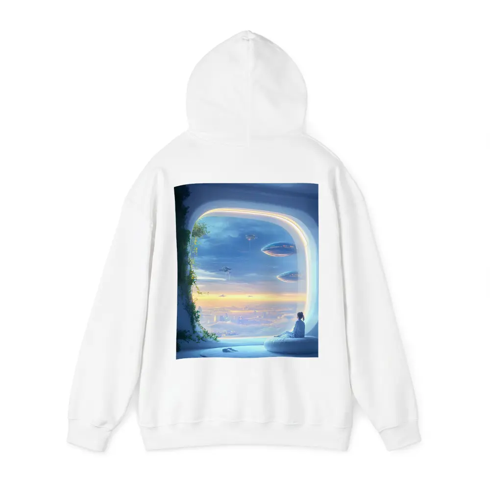 Futuristic City Girl Window Flying Spaceships – Hoodies