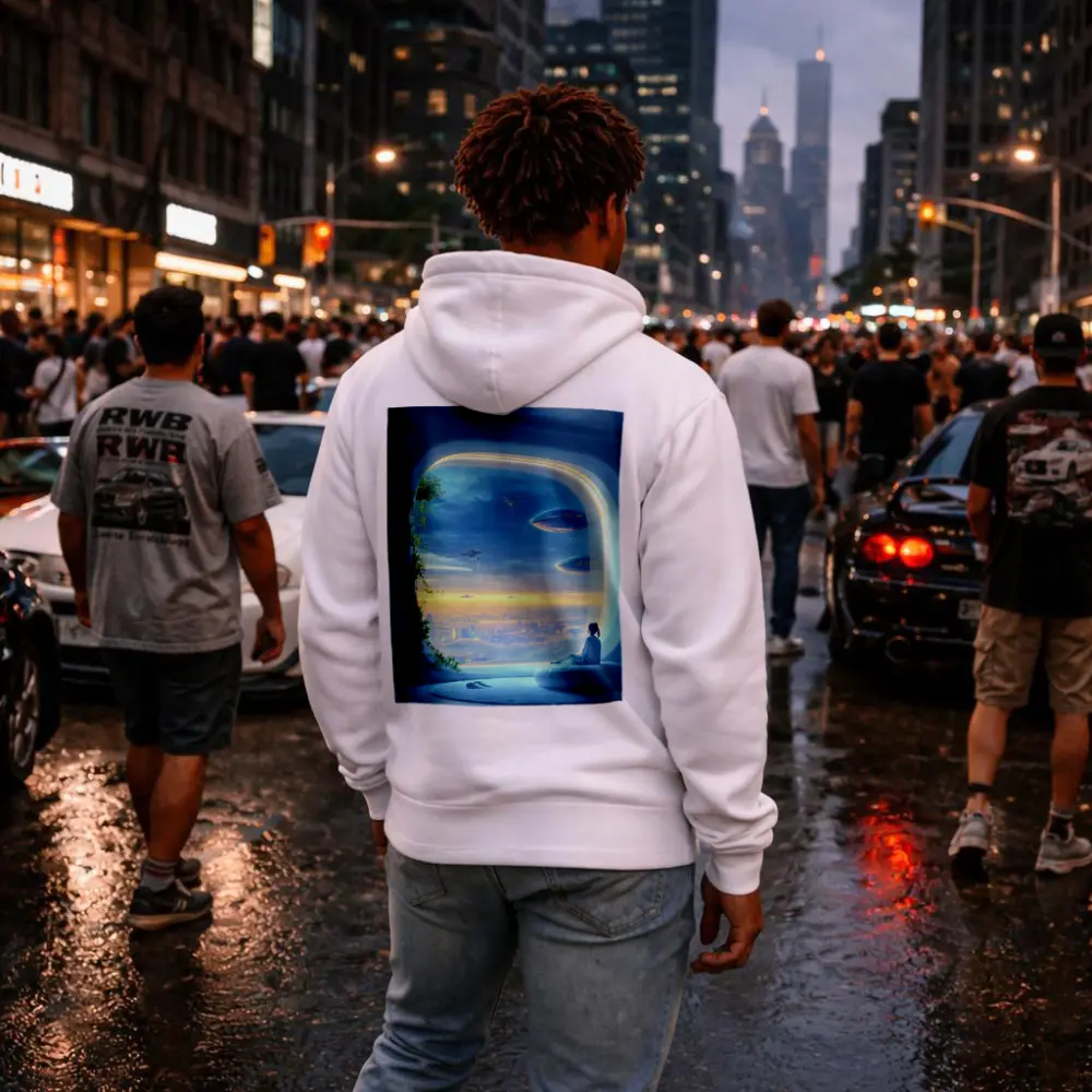 Futuristic City Girl Window Flying Spaceships – Hoodies