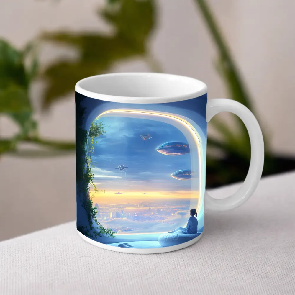 Futuristic City Girl Window Flying Spaceships – Mugs