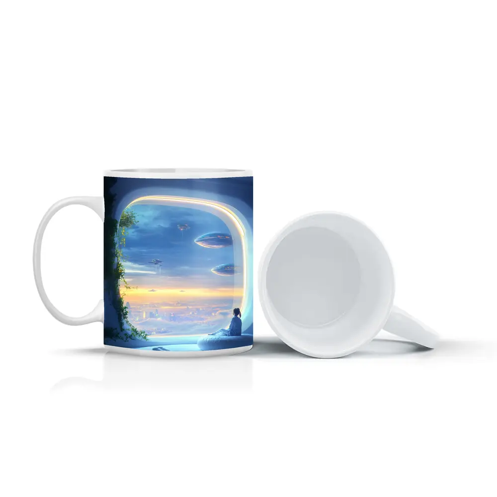 Futuristic City Girl Window Flying Spaceships – Mugs