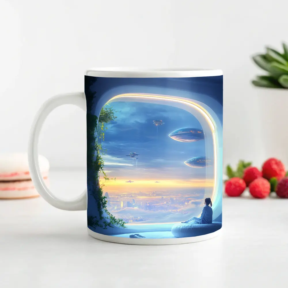 Futuristic City Girl Window Flying Spaceships – Mugs