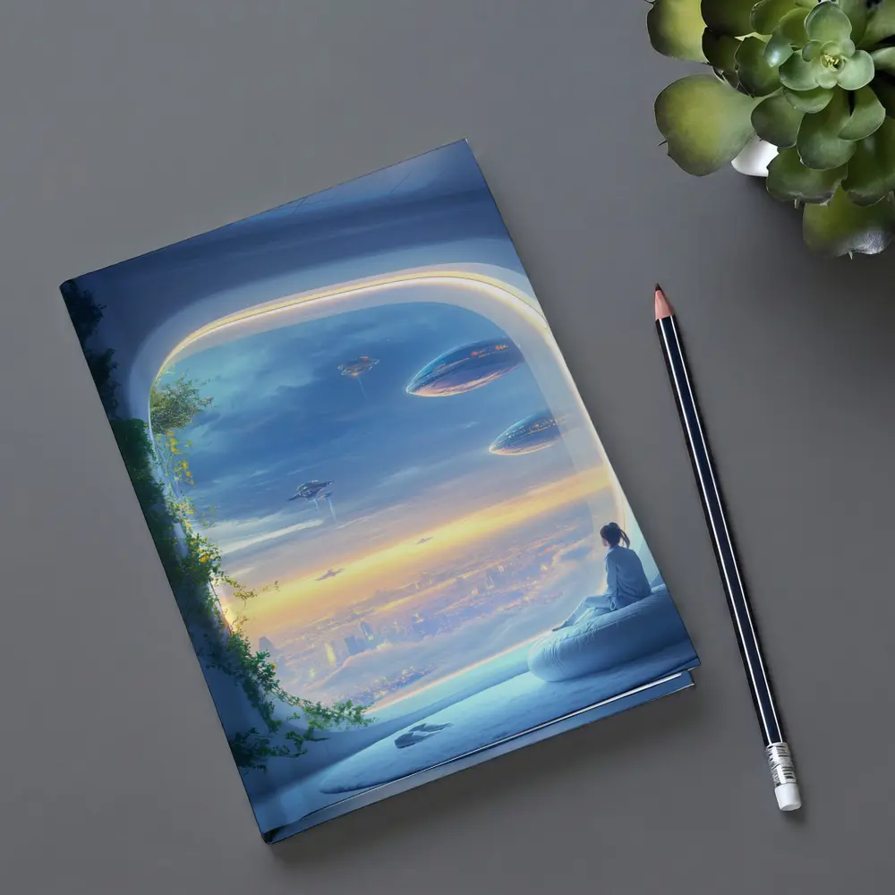 Futuristic City Girl Window Flying Spaceships – Notebooks