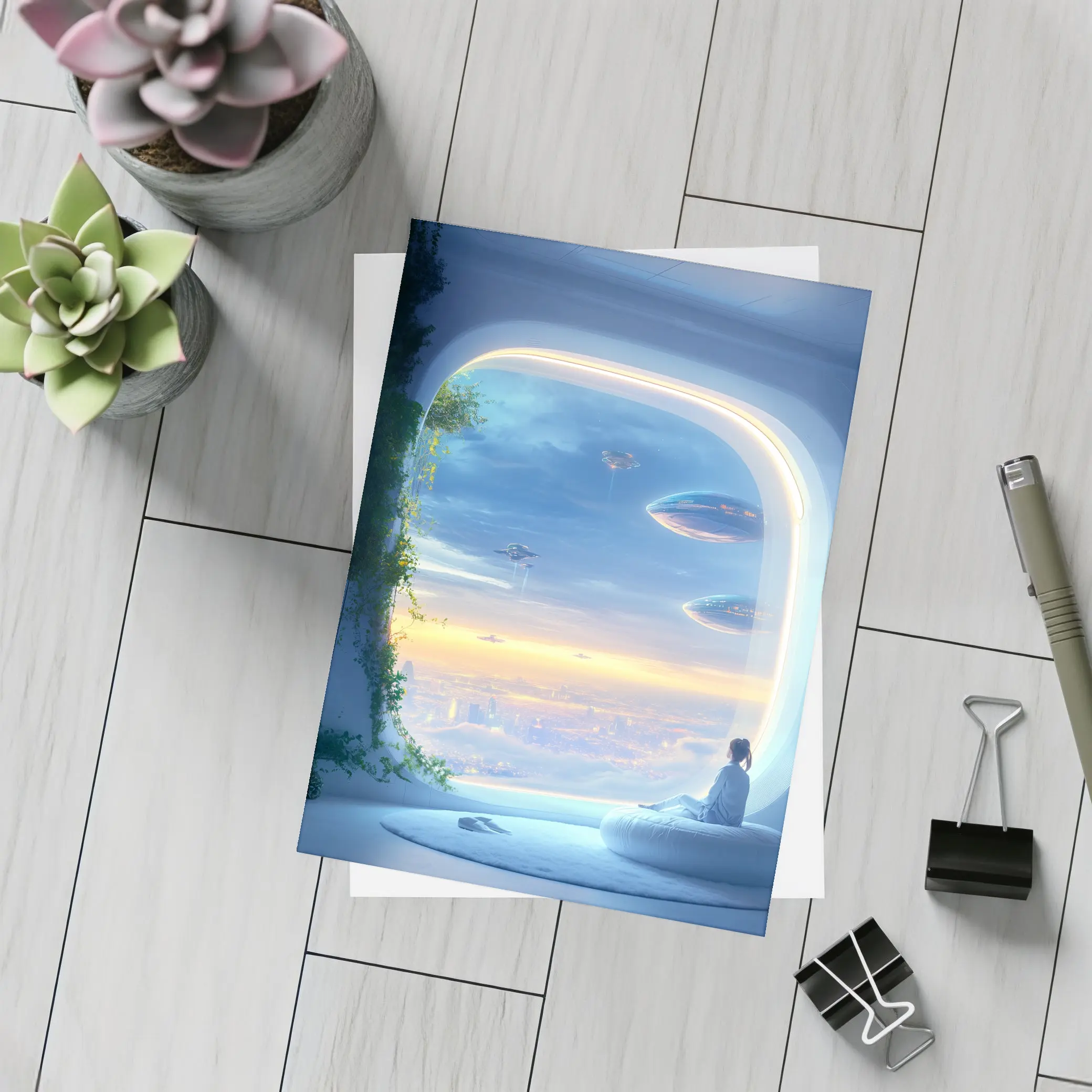 Futuristic City Girl Window Flying Spaceships – Postcards