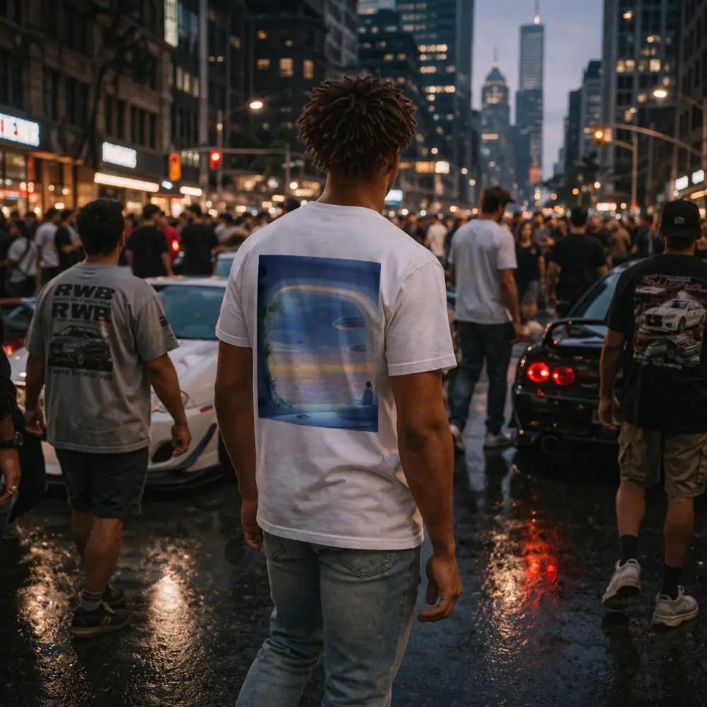 Futuristic City Girl Window Flying Spaceships – T-Shirts