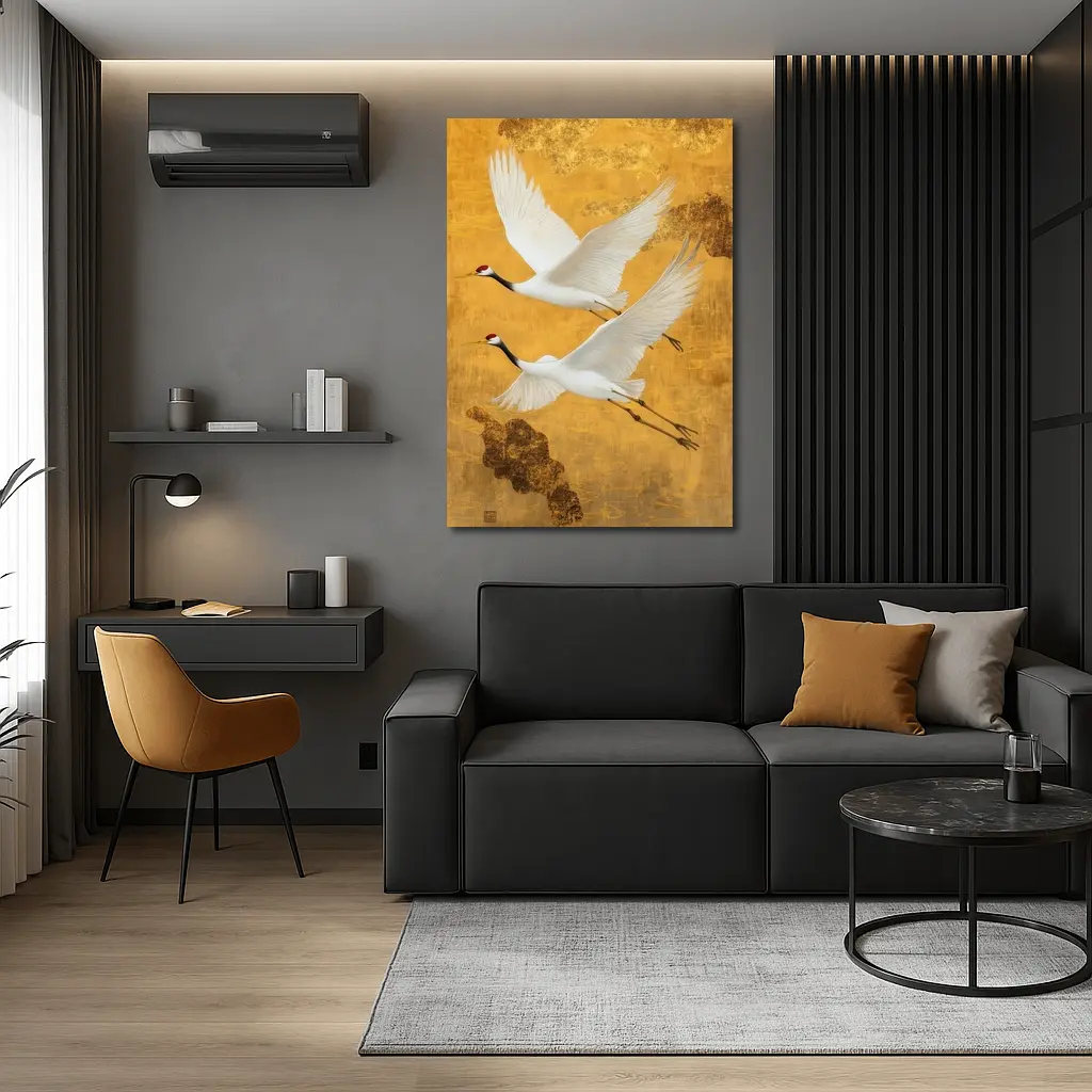 Two Red Crowned Cranes Flying Gold Background – Wall Art