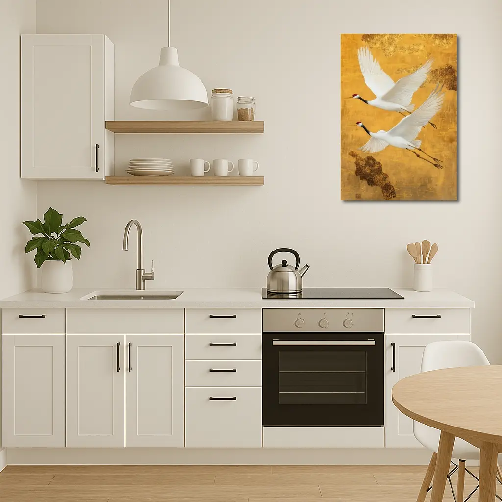 Two Red Crowned Cranes Flying Gold Background – Wall Art