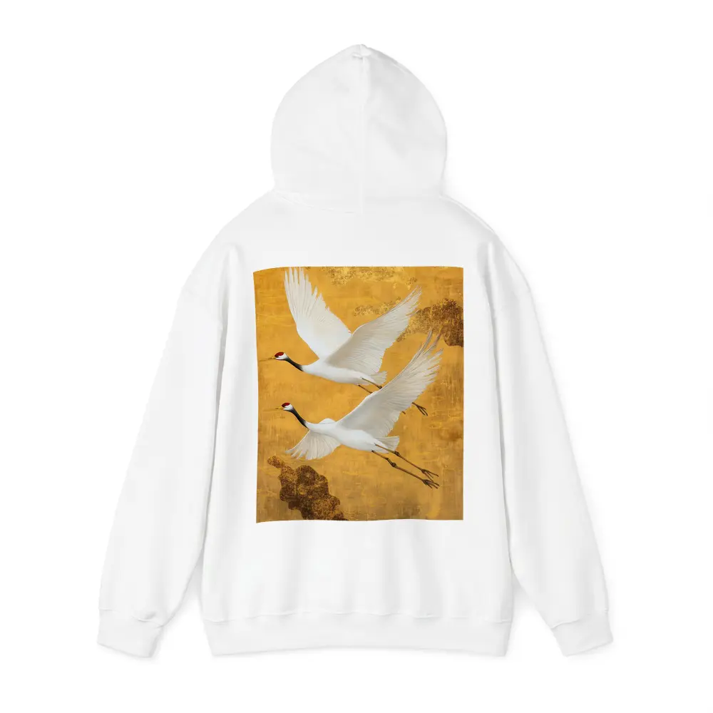 Two Red Crowned Cranes Flying Gold Background – Hoodies