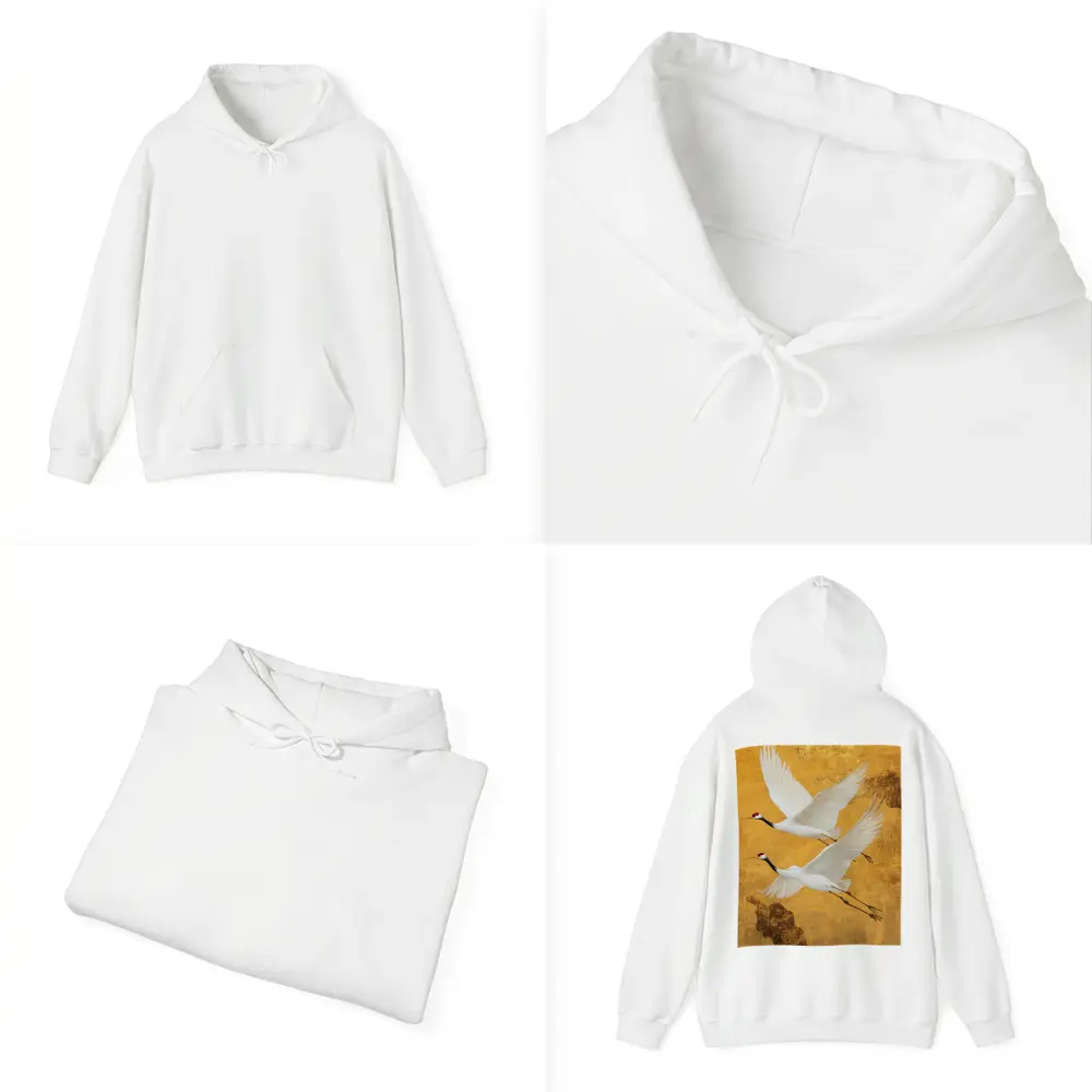 Two Red Crowned Cranes Flying Gold Background – Hoodies