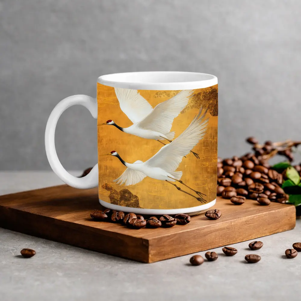 Two Red Crowned Cranes Flying Gold Background – Mugs