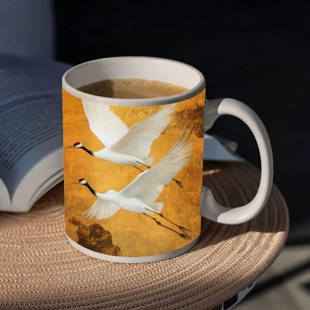Two Red Crowned Cranes Flying Gold Background – Mugs