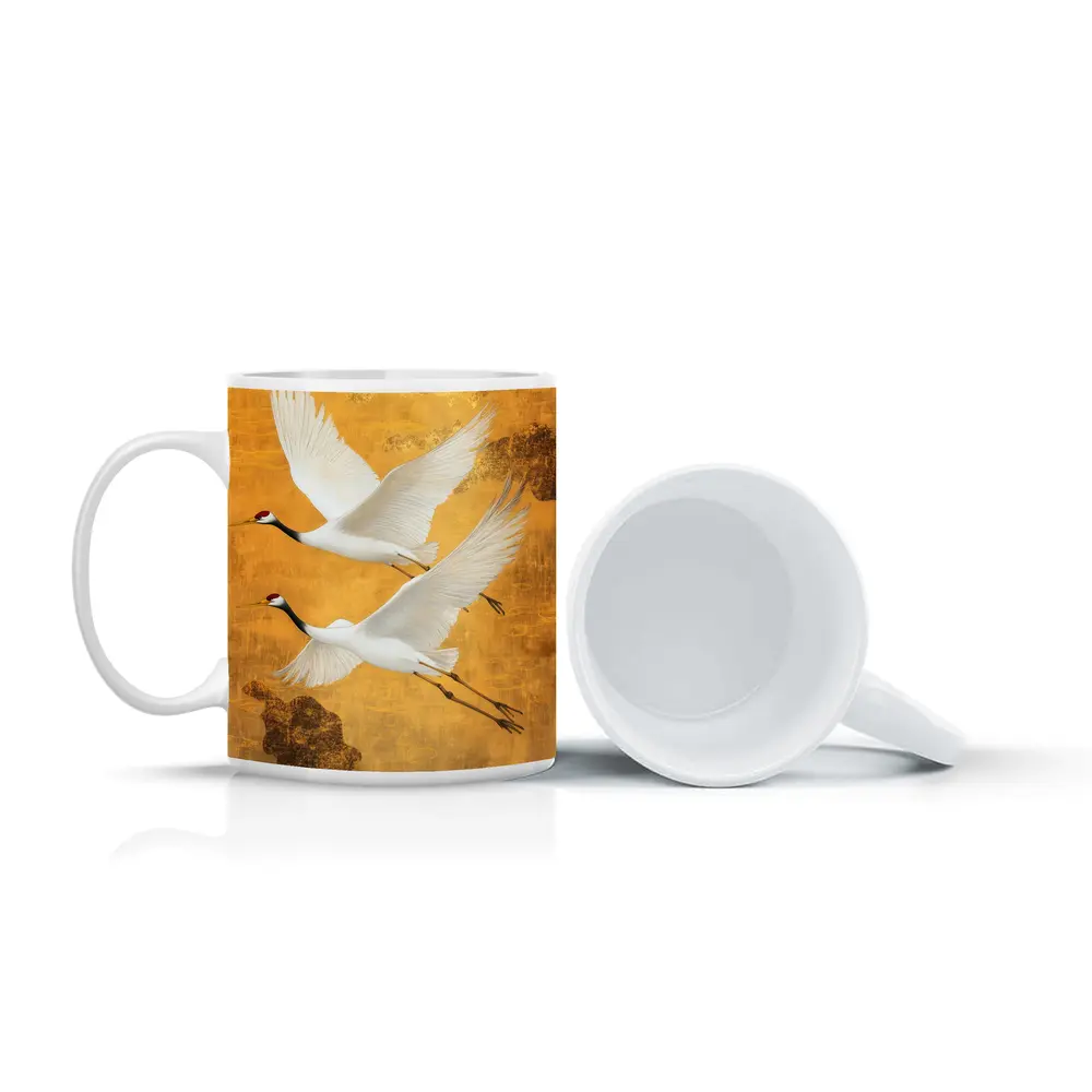 Two Red Crowned Cranes Flying Gold Background – Mugs
