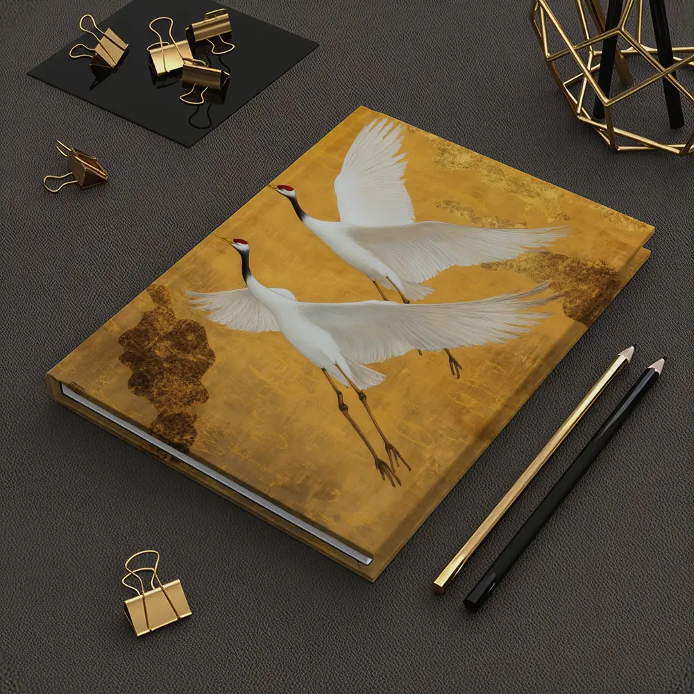 Two Red Crowned Cranes Flying Gold Background – Notebooks
