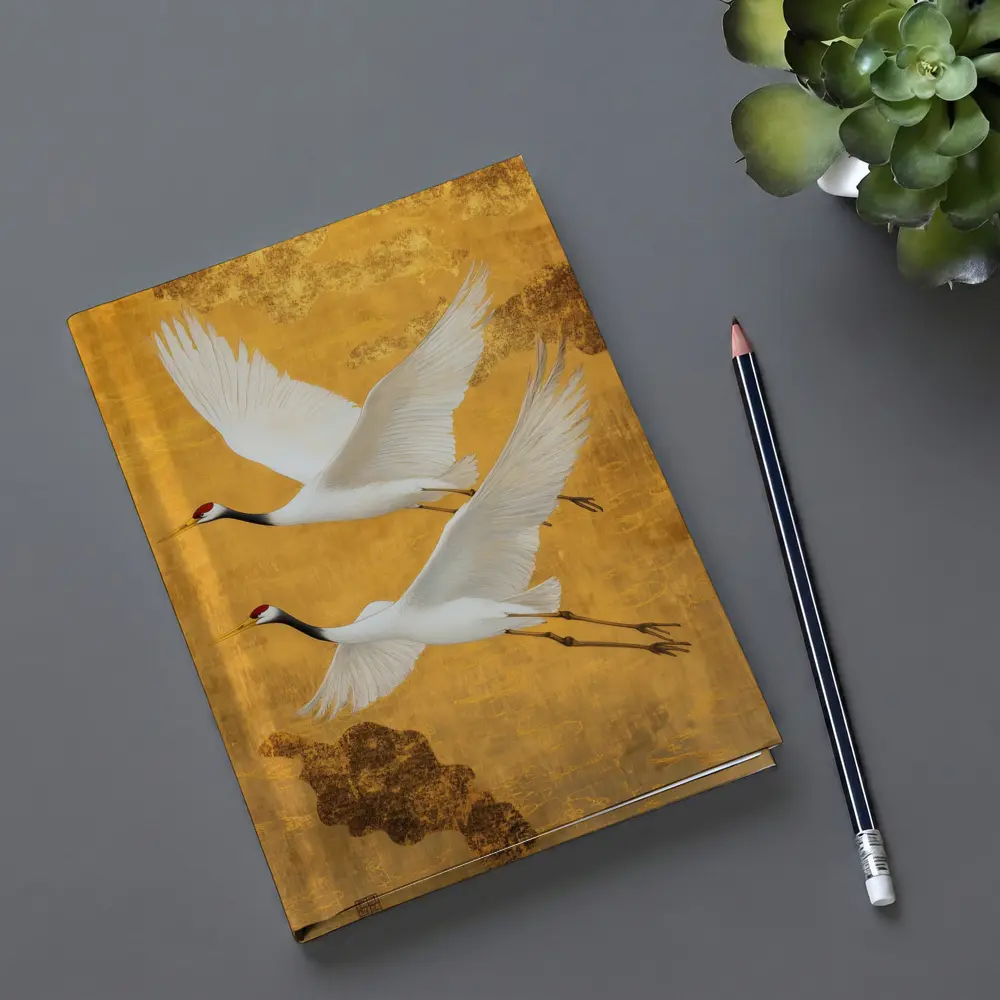 Two Red Crowned Cranes Flying Gold Background – Notebooks