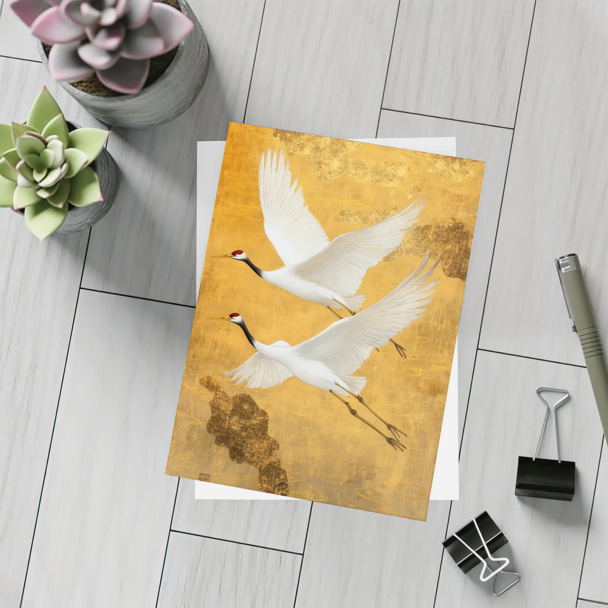Two Red Crowned Cranes Flying Gold Background – Postcards
