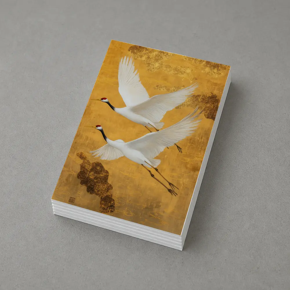 Two Red Crowned Cranes Flying Gold Background – Postcards