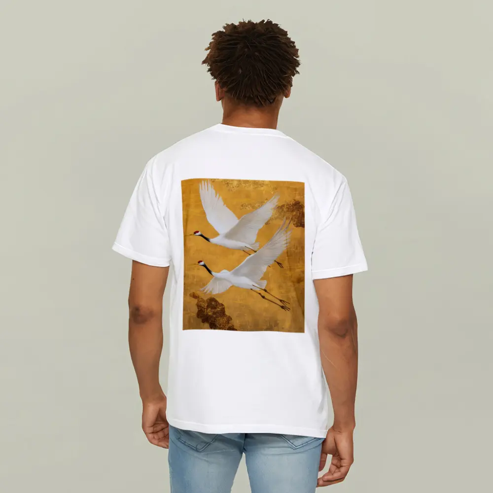 Two Red Crowned Cranes Flying Gold Background – T-Shirts