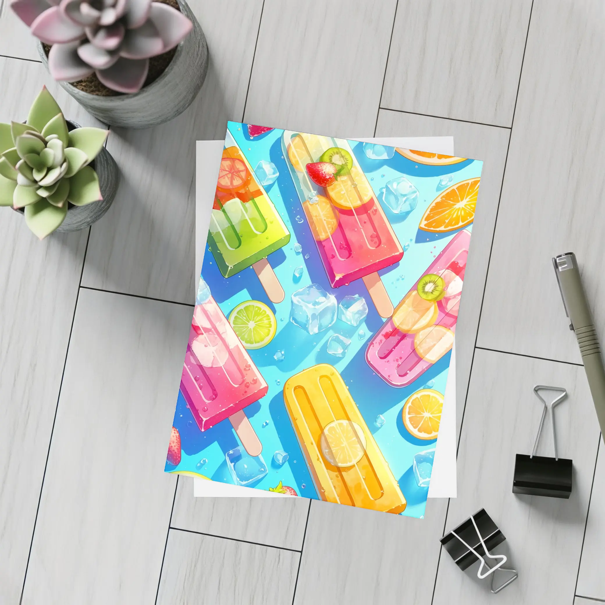 Colorful Fruit Popsicles On Blue Summer Background – Postcards