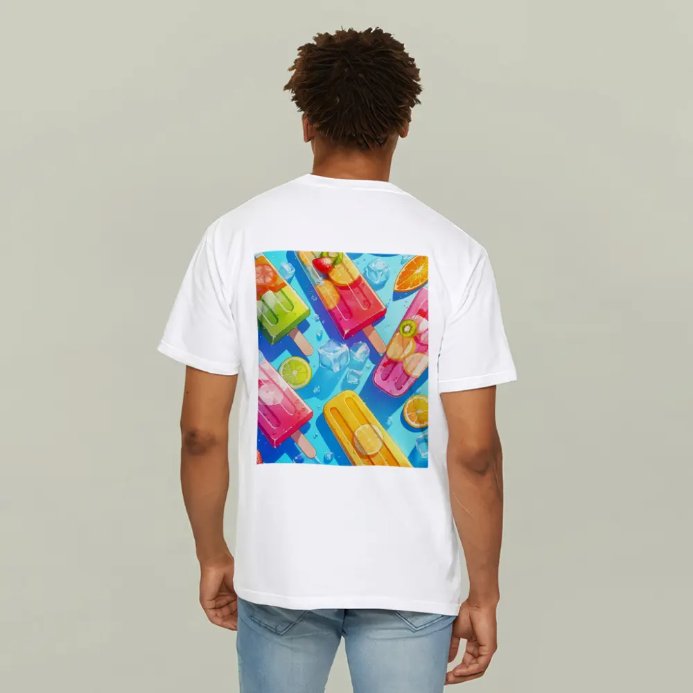 Colorful Fruit Popsicles On Blue Summer Background – T-Shirts