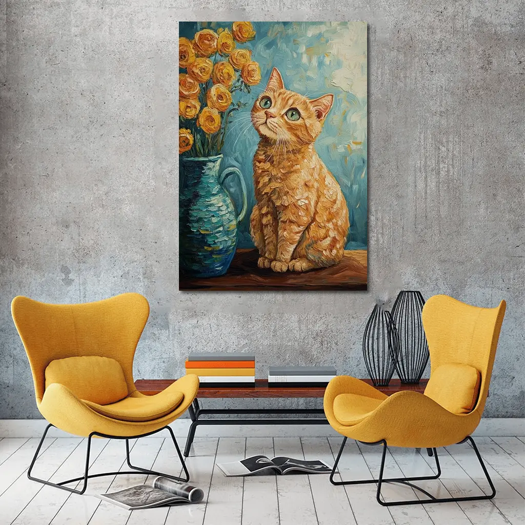 Orange Tabby Cat Van Gogh Style Painting – Wall Art