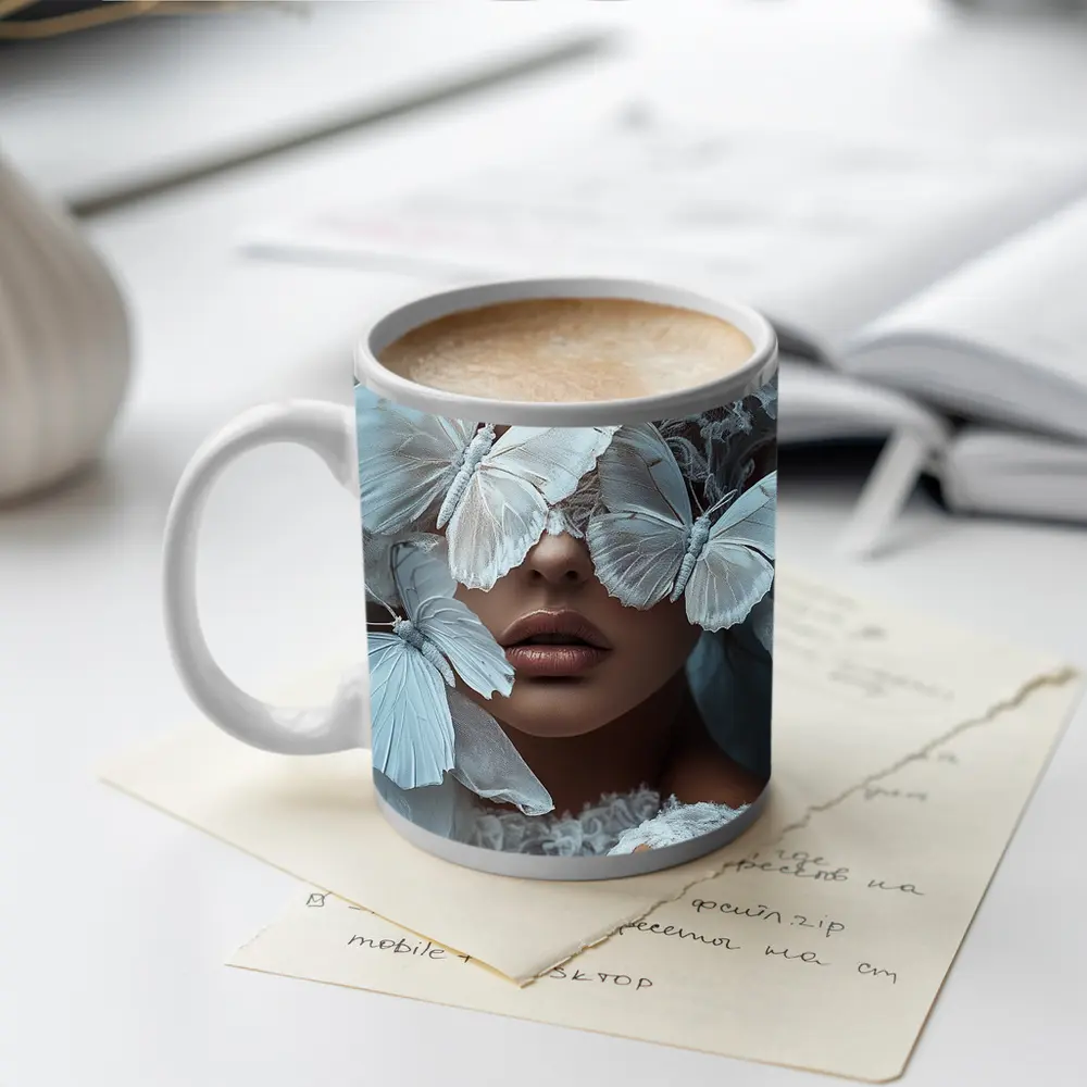 Woman Portrait White Butterflies Lace Fantasy – Mugs