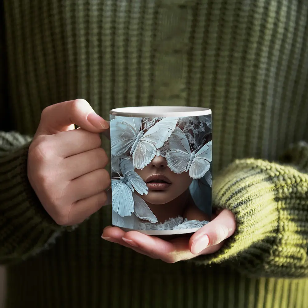 Woman Portrait White Butterflies Lace Fantasy – Mugs
