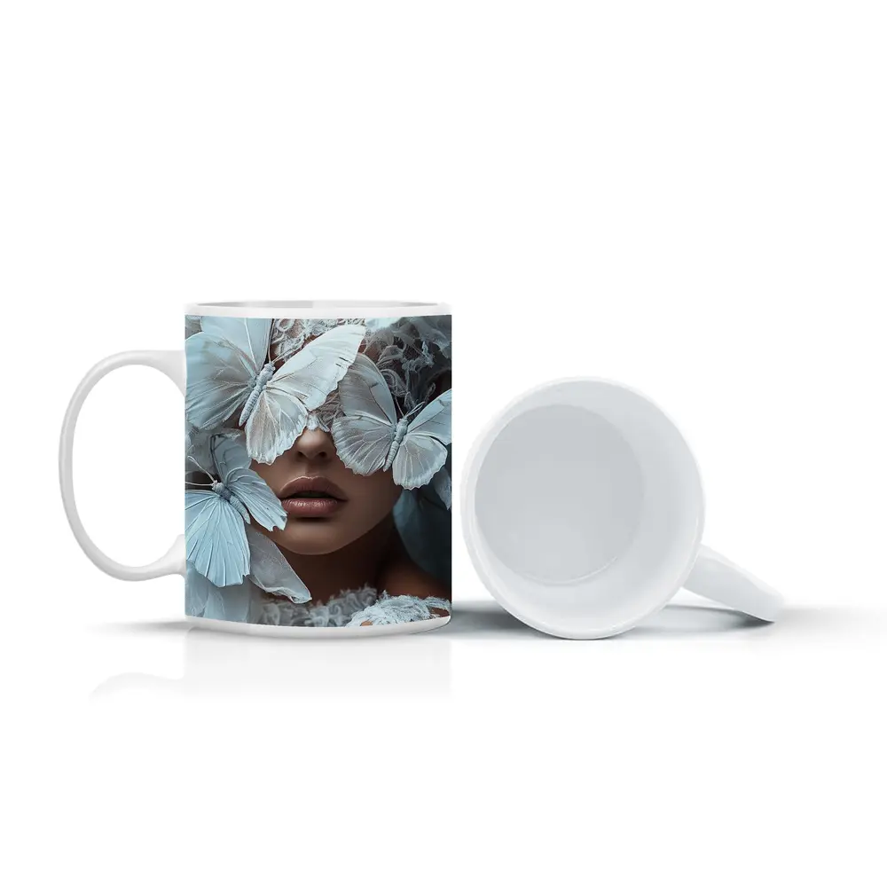 Woman Portrait White Butterflies Lace Fantasy – Mugs