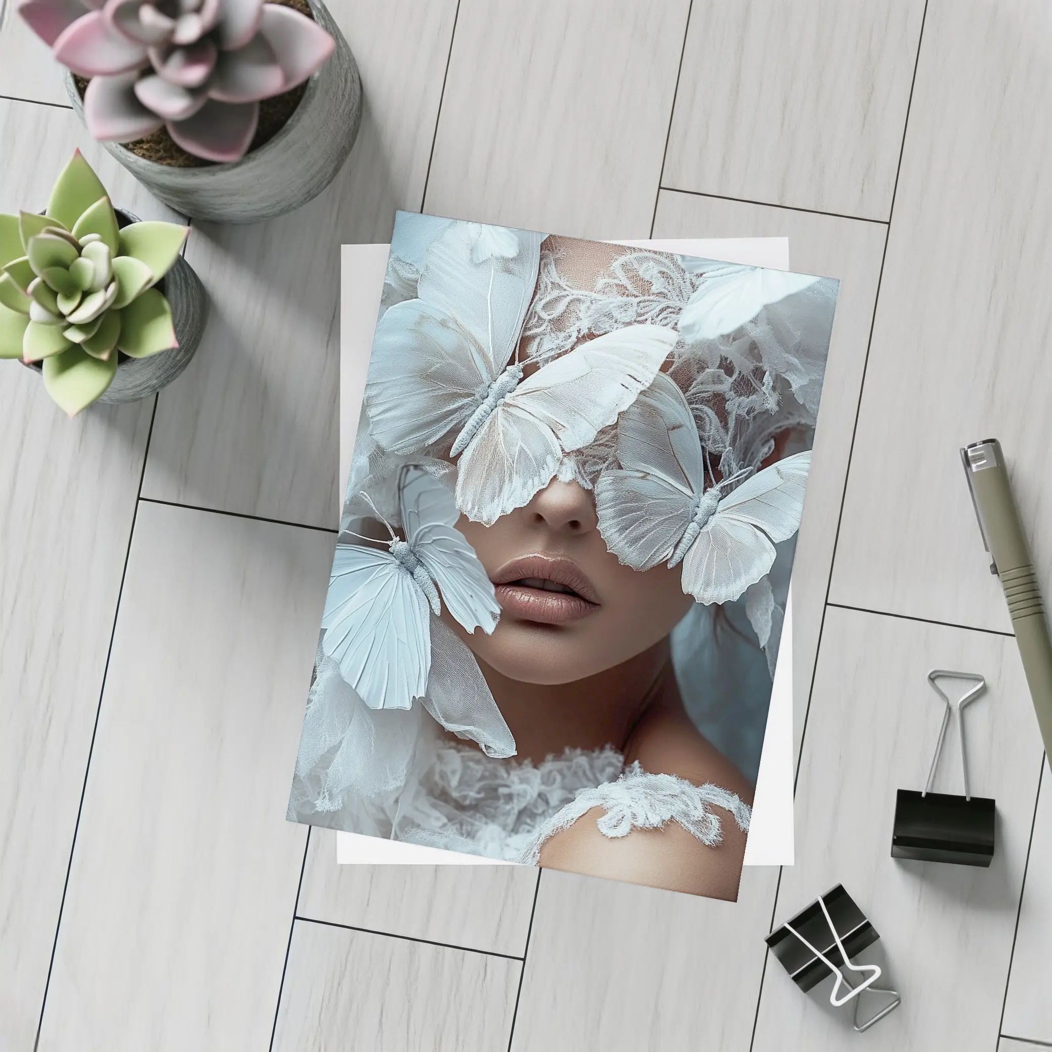 Woman Portrait White Butterflies Lace Fantasy – Postcards