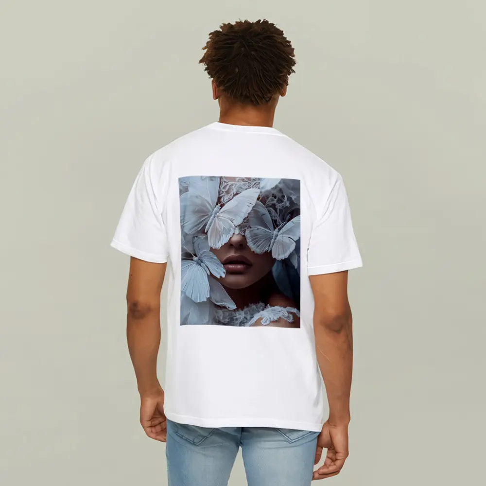 Woman Portrait White Butterflies Lace Fantasy – T-Shirts