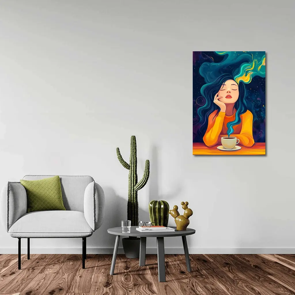 Dreaming Woman Coffee Cosmic Swirling Hair – Wall Art