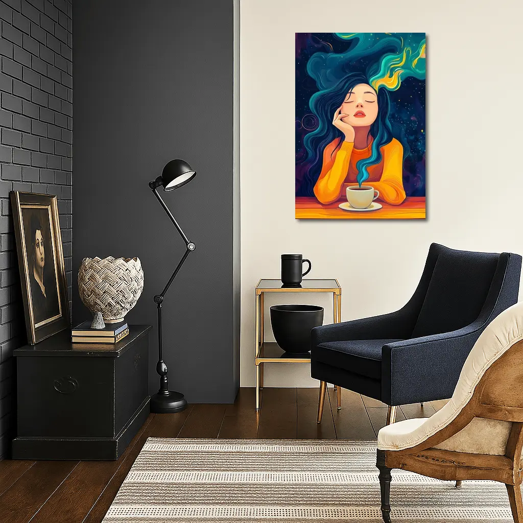 Dreaming Woman Coffee Cosmic Swirling Hair – Wall Art