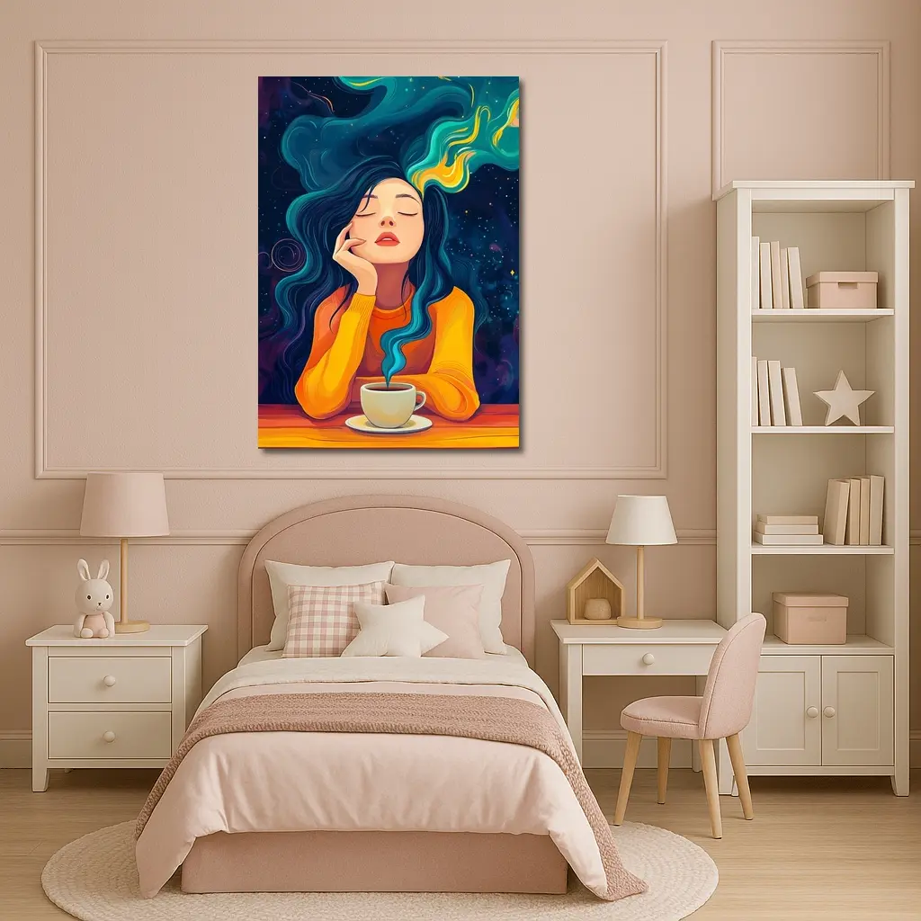 Dreaming Woman Coffee Cosmic Swirling Hair – Wall Art
