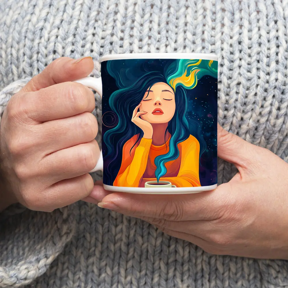 Dreaming Woman Coffee Cosmic Swirling Hair – Mugs