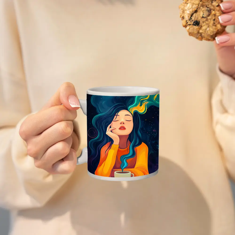 Dreaming Woman Coffee Cosmic Swirling Hair – Mugs